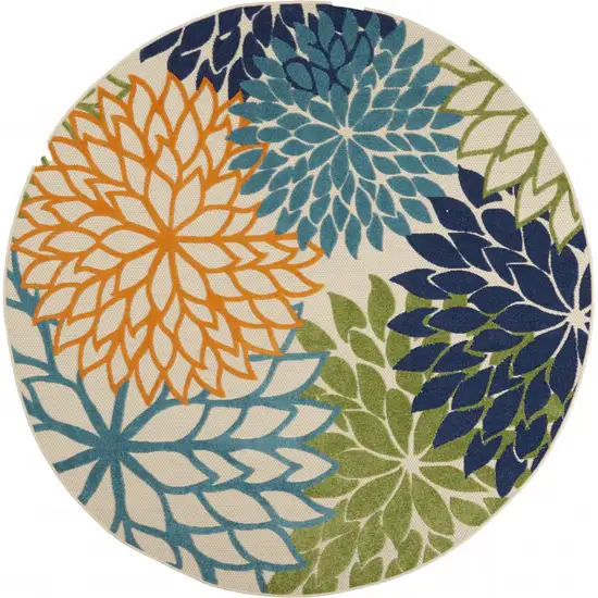 Ivory And Blue Round Floral Indoor Outdoor Area Rug Photo 1