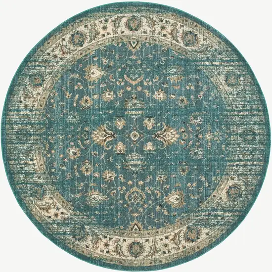 Round Peacock Blue and Ivory Indoor Area Rug Photo 4