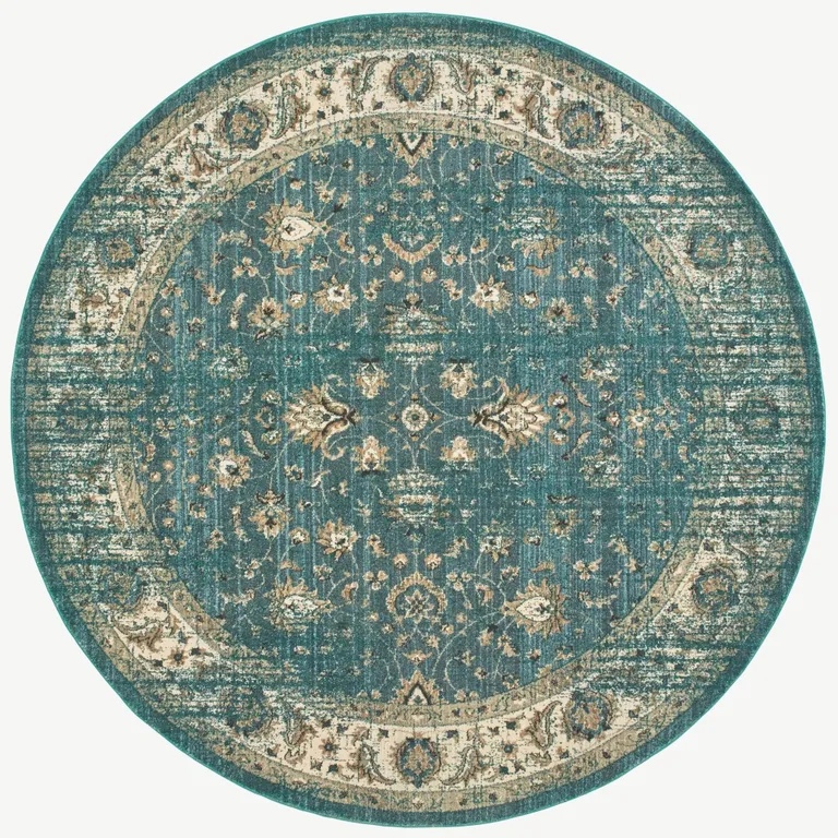 Round Peacock Blue and Ivory Indoor Area Rug Photo 1