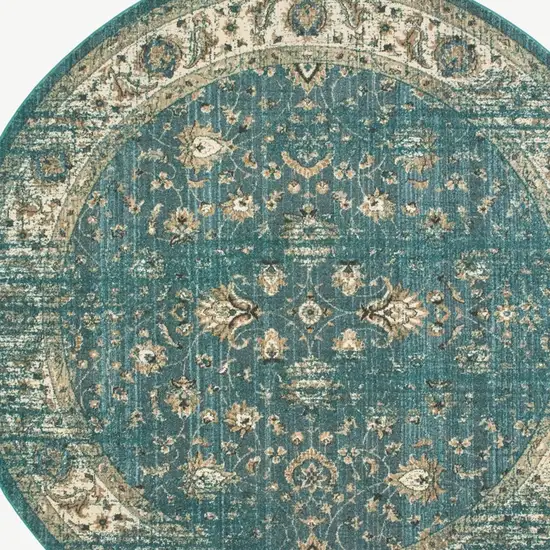 Round Peacock Blue and Ivory Indoor Area Rug Photo 3