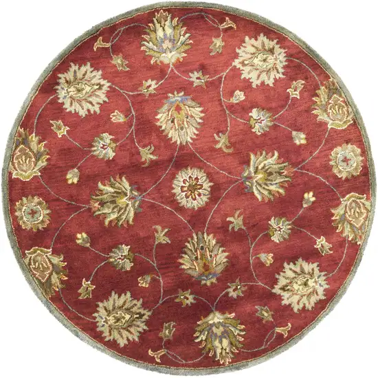 Round Red Floral Vine Wool Indoor Area Rug Photo 2