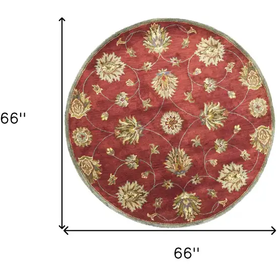 Round Red Floral Vine Wool Indoor Area Rug Photo 6