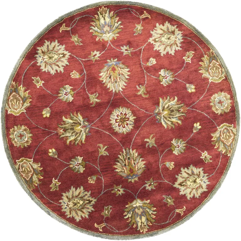 Round Red Floral Vine Wool Indoor Area Rug Photo 1