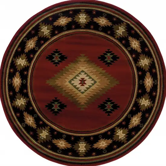 Round Red and Beige Ikat Pattern Area Rug Photo 4