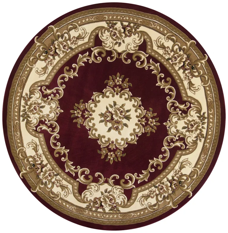 Round Red or Ivory Floral Bordered Indoor Area Rug Photo 1