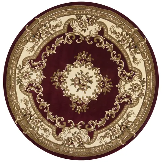 Round Red or Ivory Floral Bordered Indoor Area Rug Photo 2