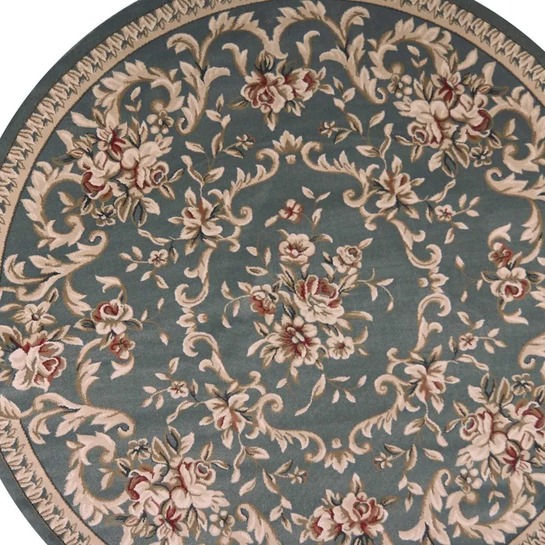 Round Slate Blue Floral Vine Bordered Indoor Area Rug Photo 5