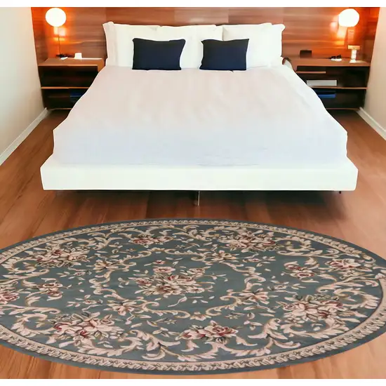 Slate Blue Floral Vine Bordered Indoor Area Rug Photo 1