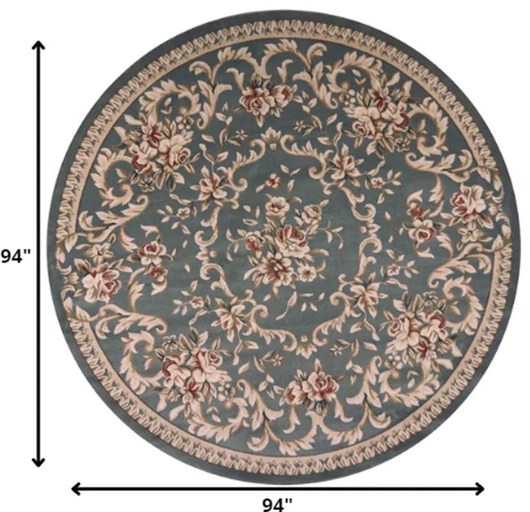 Round Slate Blue Floral Vine Bordered Indoor Area Rug Photo 2