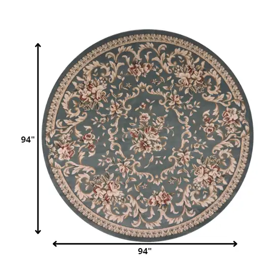 Round Slate Blue Floral Vine Bordered Indoor Area Rug Photo 2