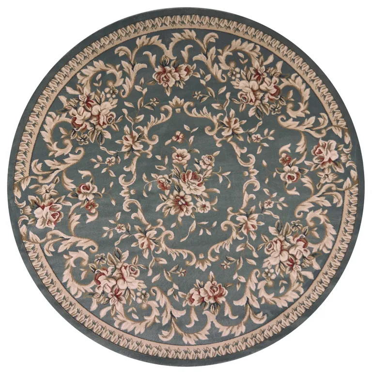 Round Slate Blue Floral Vine Bordered Indoor Area Rug Photo 1