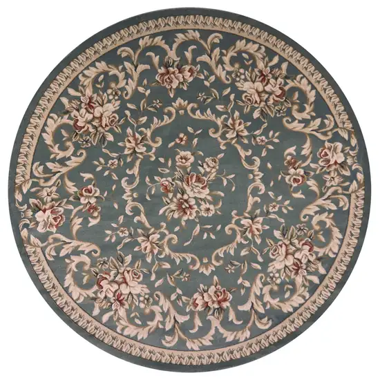 Round Slate Blue Floral Vine Bordered Indoor Area Rug Photo 1