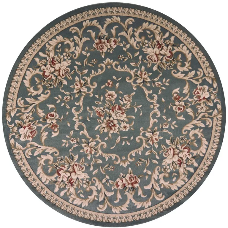 Round Slate Blue Floral Vine Bordered Indoor Area Rug Photo 4