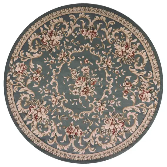 Round Slate Blue Floral Vine Bordered Indoor Area Rug Photo 3