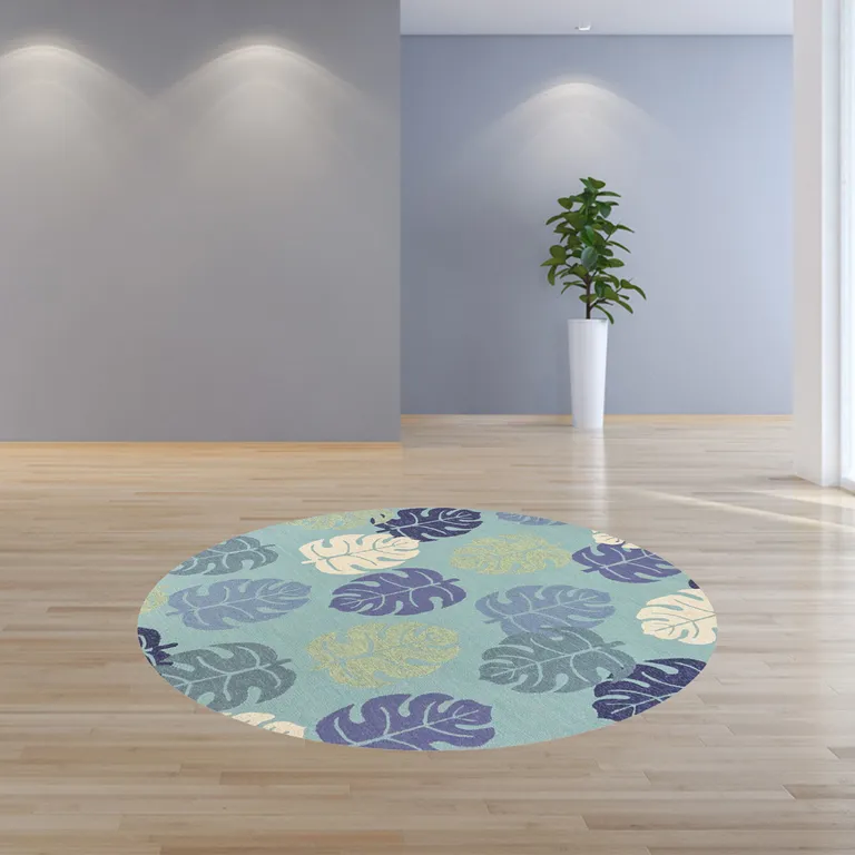 Round UV treated Polypropylene Turquoise Area Rug Photo 4