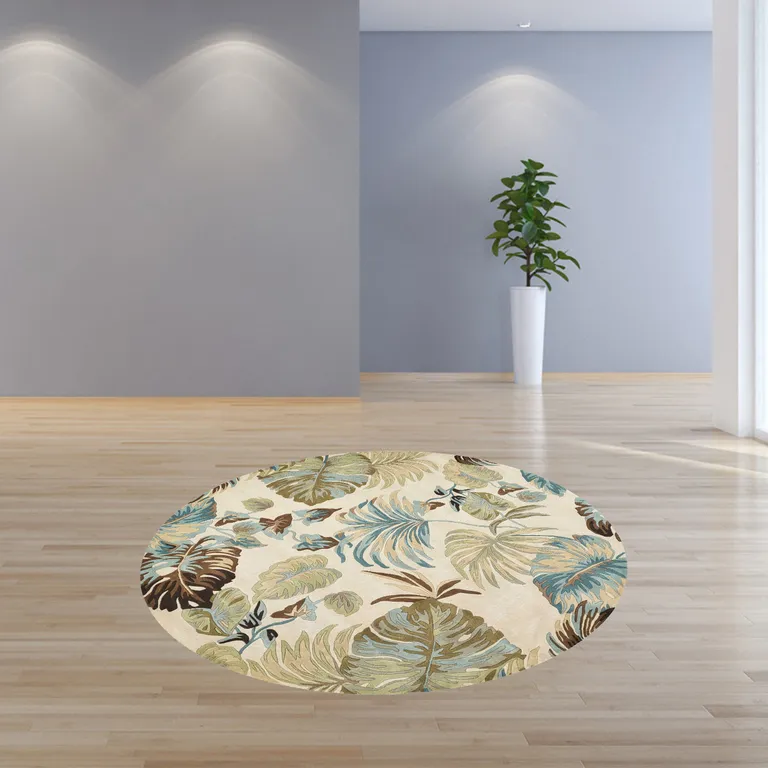 Round Wool Ivory or Blue Area Rug Photo 4