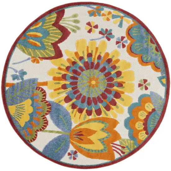 Yellow And Ivory Round Floral Indoor Outdoor Area Rug Photo 4