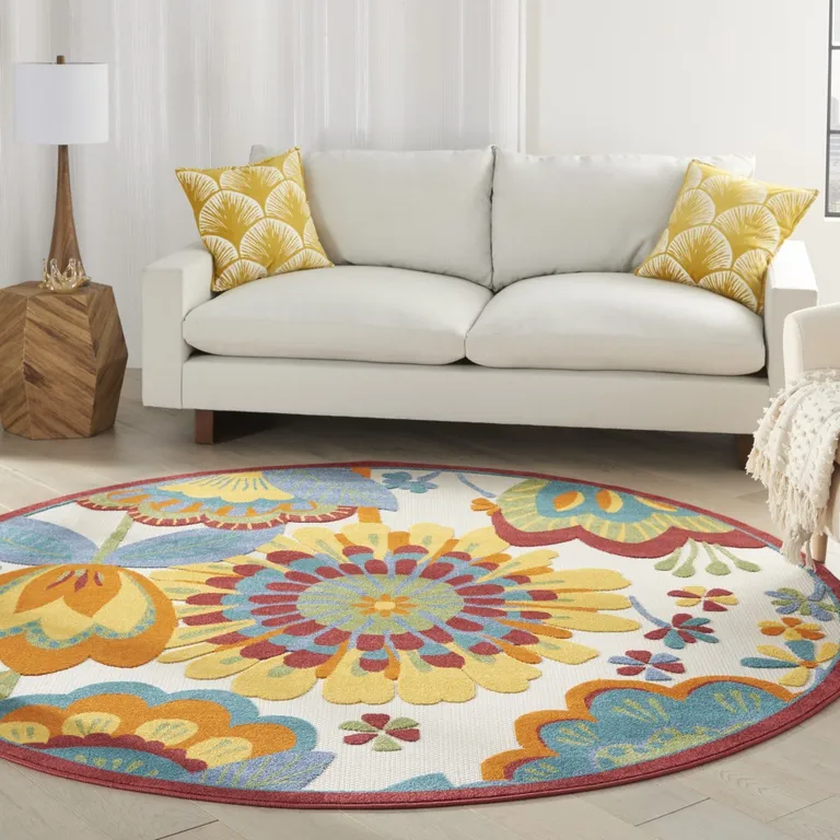Round Yellow and Ivory Indoor Outdoor Area Rug Photo 5
