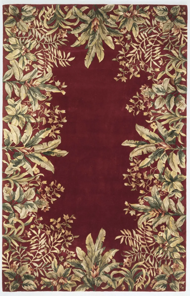 Ruby Red Hand Tufted Bordered Tropical Plants Indoor Area Rug Photo 1