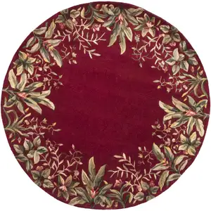 Photo of Ruby Red Hand Tufted Bordered Tropical Plants Round Indoor Area Rug