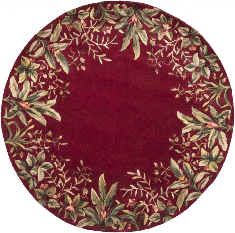 Ruby Red Hand Tufted Bordered Tropical Plants Round Indoor Area Rug Photo 1