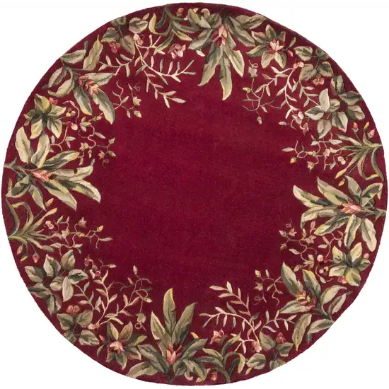 Ruby Red Hand Tufted Bordered Tropical Plants Round Indoor Area Rug Photo 1