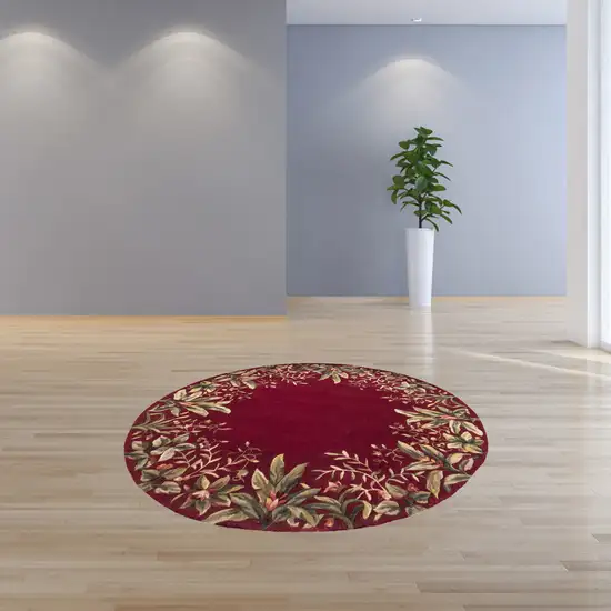 Ruby Red Hand Tufted Bordered Tropical Plants Round Indoor Area Rug Photo 3