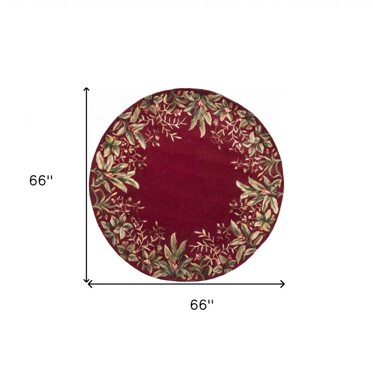 Ruby Red Hand Tufted Bordered Tropical Plants Round Indoor Area Rug Photo 4