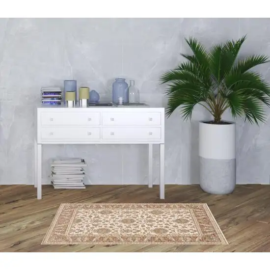 Rust And Ivory Oriental Power Loom Stain Resistant Area Rug With Fringe Photo 2