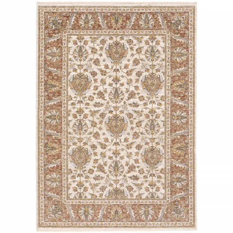 Rust And Ivory Oriental Power Loom Stain Resistant Area Rug With Fringe Photo 1