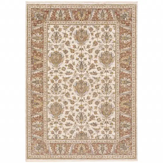 Rust And Ivory Oriental Power Loom Stain Resistant Area Rug With Fringe Photo 1