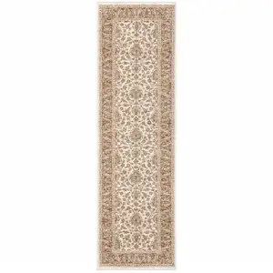 Photo of Rust And Ivory Oriental Power Loom Stain Resistant Runner Rug With Fringe