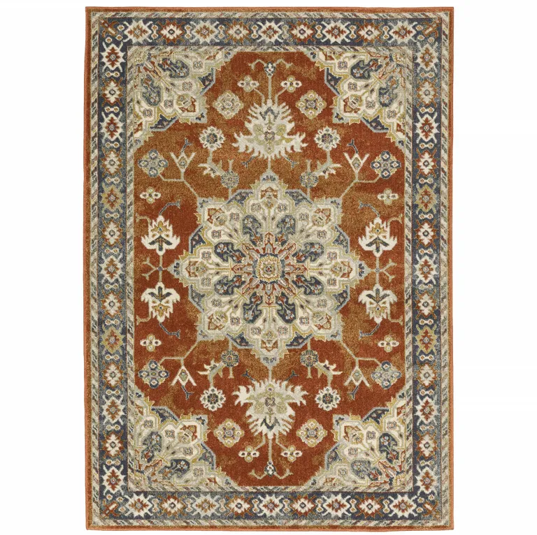 Rust Beige Teal Blue And Gold Oriental Power Loom Stain Resistant Area Rug Photo 1