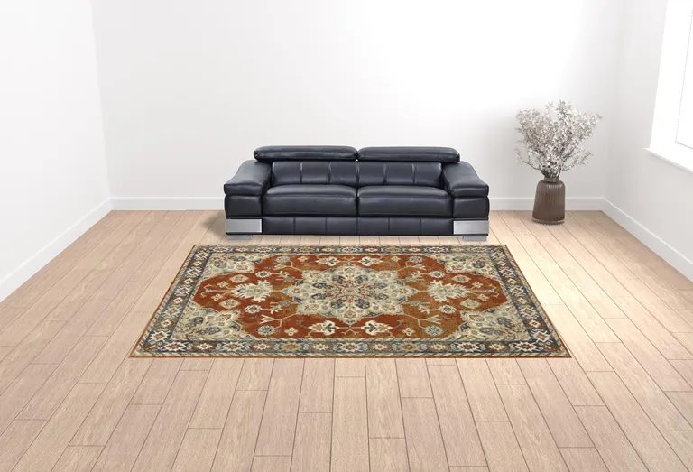 Rust Beige Teal Blue And Gold Oriental Power Loom Stain Resistant Area Rug Photo 2