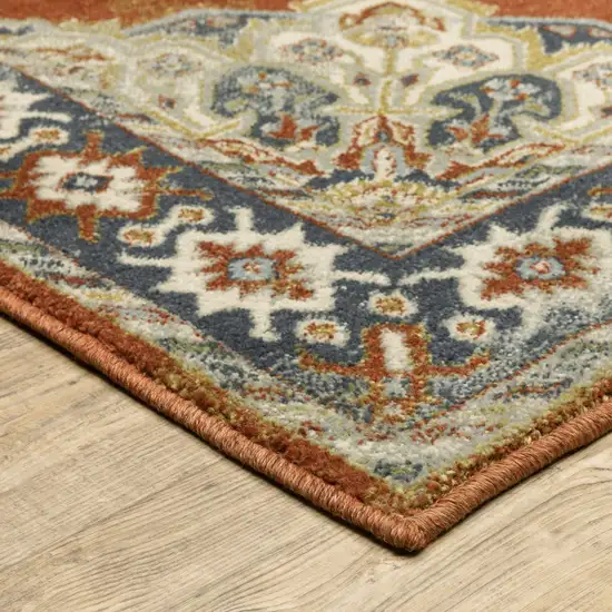 Rust Beige Teal Blue And Gold Oriental Power Loom Stain Resistant Runner Rug Photo 4