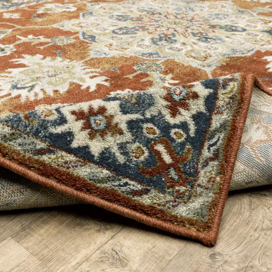 Rust Beige Teal Blue And Gold Oriental Power Loom Stain Resistant Runner Rug Photo 8