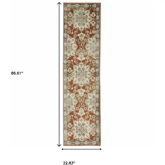 Rust Beige Teal Blue And Gold Oriental Power Loom Stain Resistant Runner Rug Photo 9