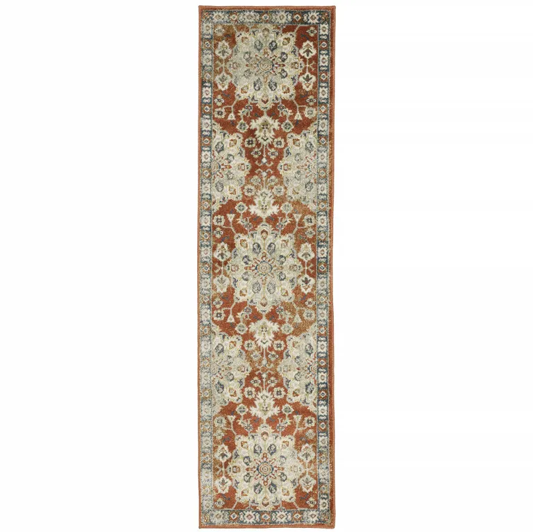 Rust Beige Teal Blue And Gold Oriental Power Loom Stain Resistant Runner Rug Photo 1