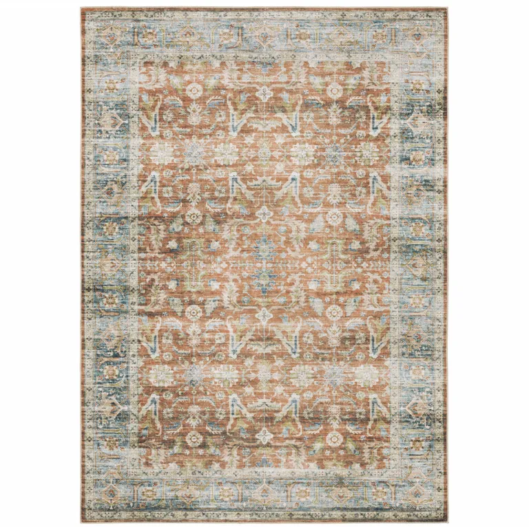 Rust Blue Ivory And Gold Oriental Printed Stain Resistant Non Skid Area Rug Photo 2