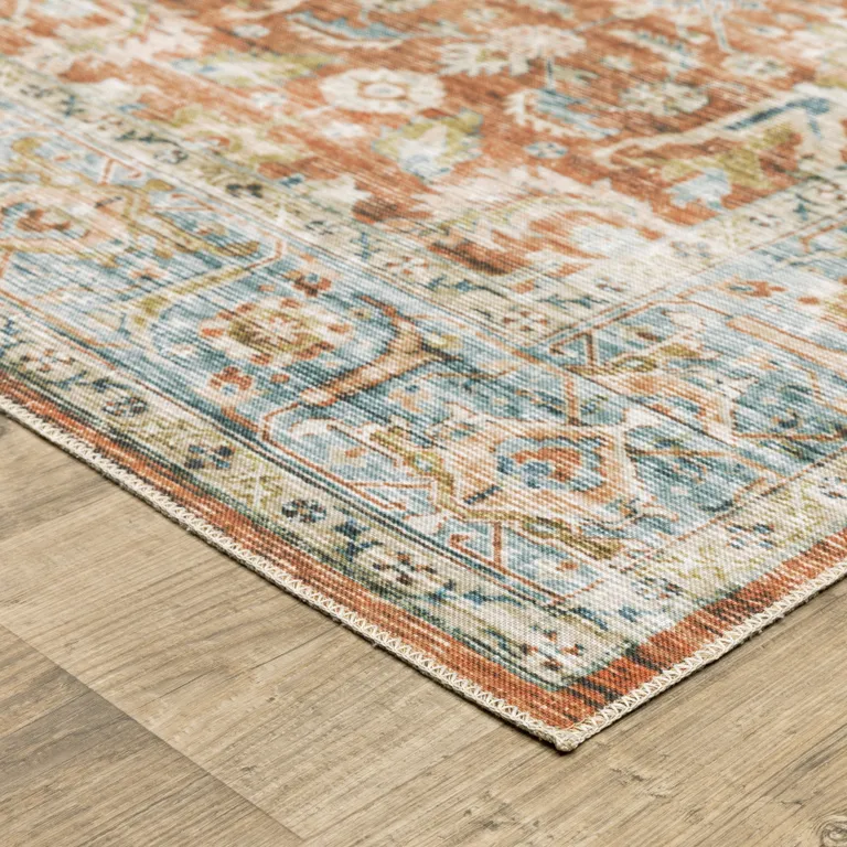 Rust Blue Ivory And Gold Oriental Printed Stain Resistant Non Skid Runner Rug Photo 3