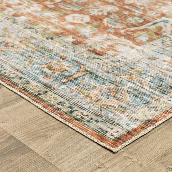 Rust Blue Ivory And Gold Oriental Printed Stain Resistant Non Skid Runner Rug Photo 4