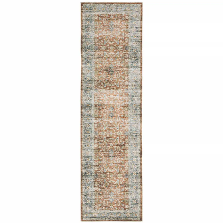 Rust Blue Ivory And Gold Oriental Printed Stain Resistant Non Skid Runner Rug Photo 1