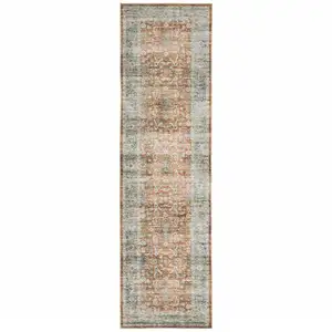 Photo of Rust Blue Ivory And Gold Oriental Printed Stain Resistant Non Skid Runner Rug