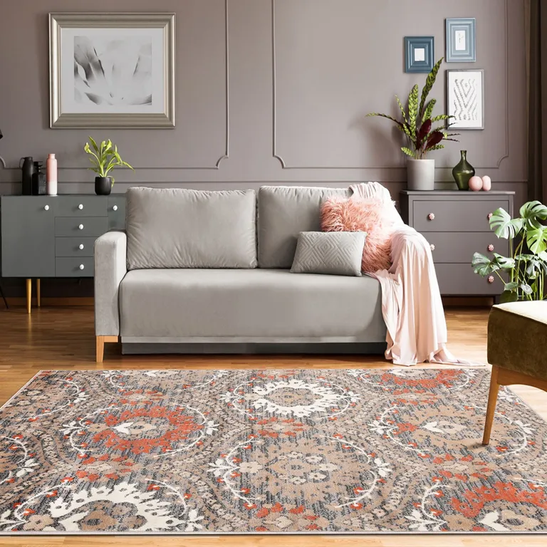 Rust Floral Stain Resistant Area Rug Photo 2