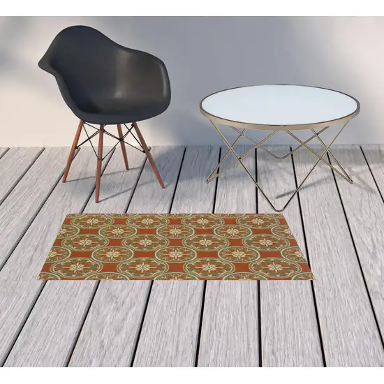 Rust Floral Stain Resistant Indoor Outdoor Area Rug Photo 2