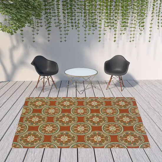 Rust Floral Stain Resistant Indoor Outdoor Area Rug Photo 2