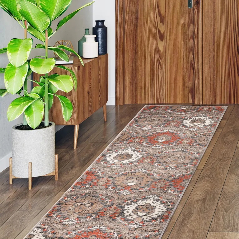 Rust Floral Stain Resistant Runner Rug Photo 2