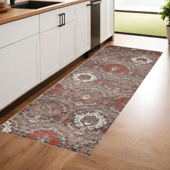 Rust Floral Stain Resistant Runner Rug Photo 1