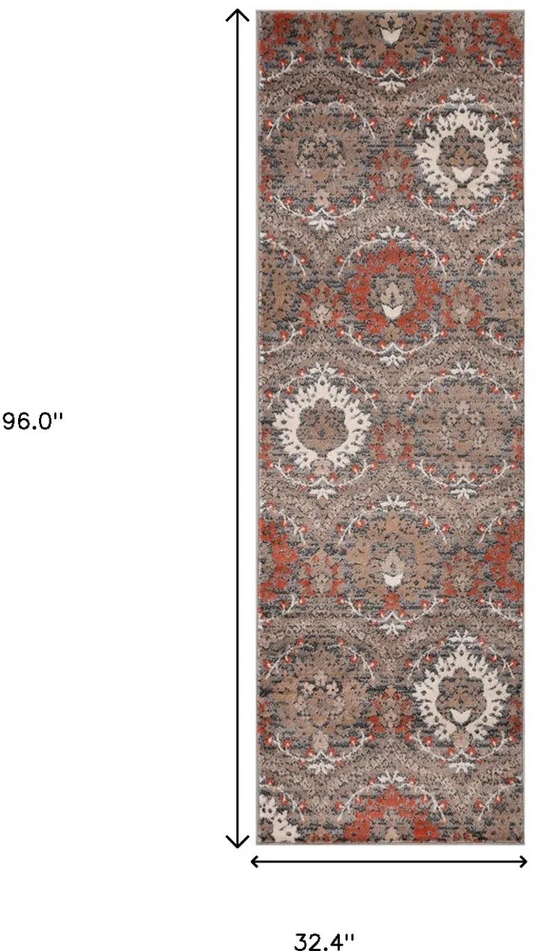 Rust Floral Stain Resistant Runner Rug Photo 5