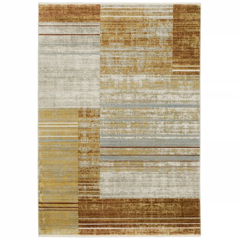 Rust Gold Blue Grey Ivory And Tan Geometric Power Loom Stain Resistant Area Rug With Fringe Photo 1